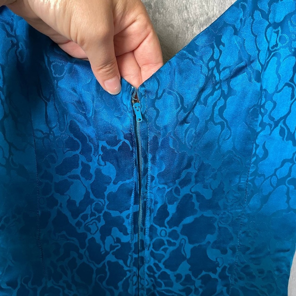 Vintage AJ Bari 100% Silk Teal Floral Ruched Ruffle Sleeve Cocktail Dress Size 8 - Picture 12 of 13